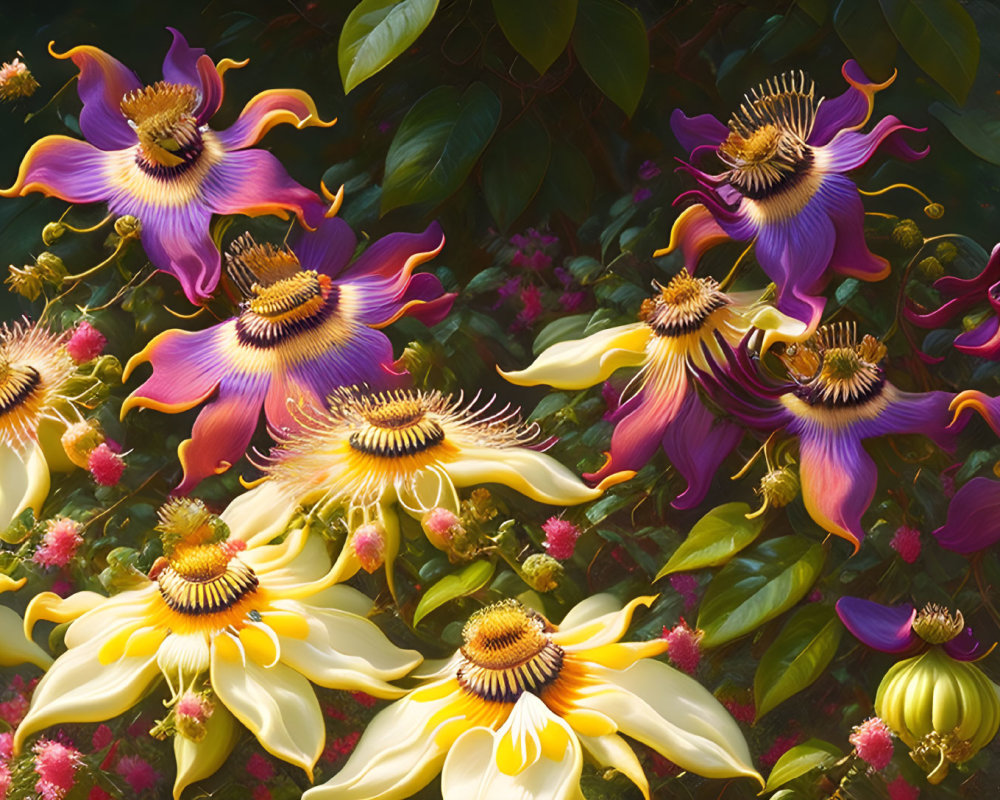 Colorful Surreal Passion Flower Painting on Dark Leafy Background