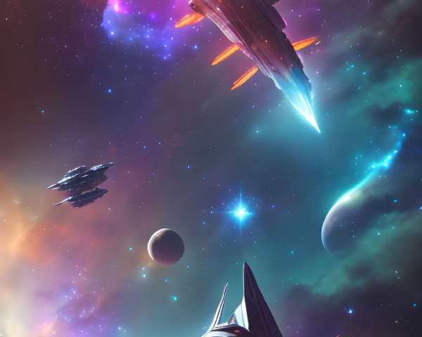 Large spaceship, colorful nebulae, planets, and comet in vibrant space scene