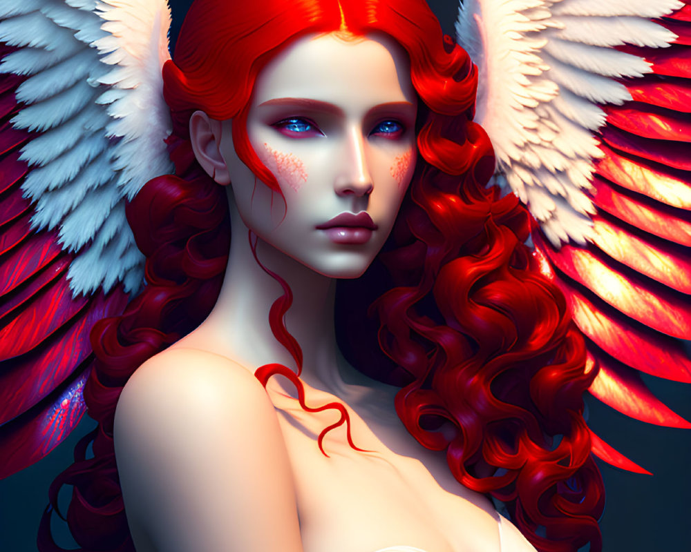 Digital Artwork: Woman with Red Hair, White Wings, Blue Eyes