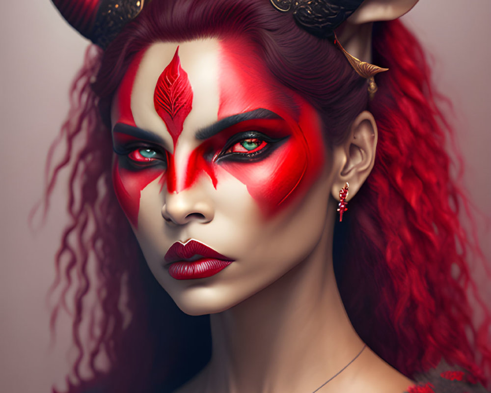 Woman with red and black demonic makeup and large curved horns exudes dark aura