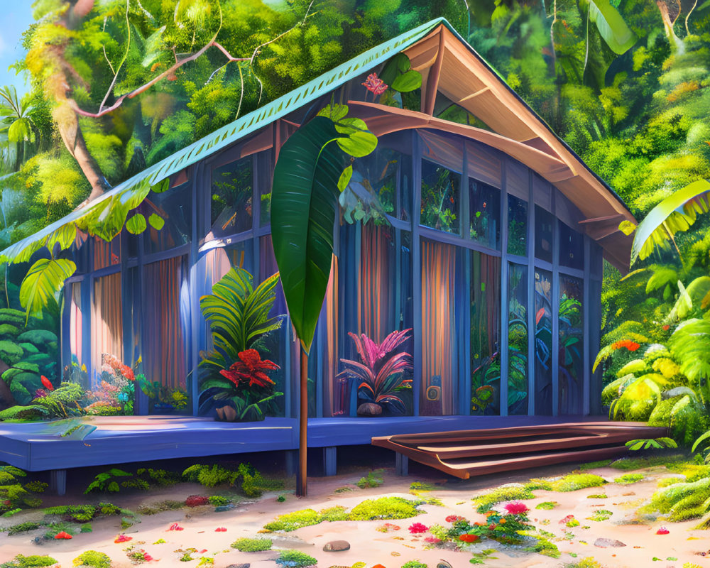 Wooden cabin surrounded by lush jungle foliage