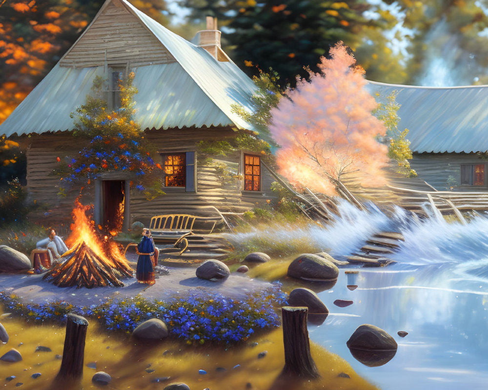 Rustic cabin by lake at sunset with campfire and autumn foliage