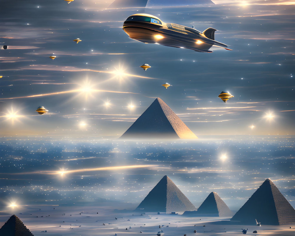 Futuristic spacecrafts over ancient Egyptian pyramids at night