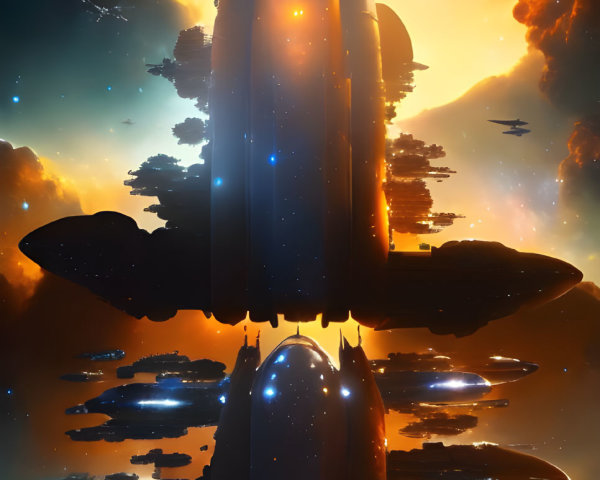 Futuristic spaceship soaring through orange cosmic sky
