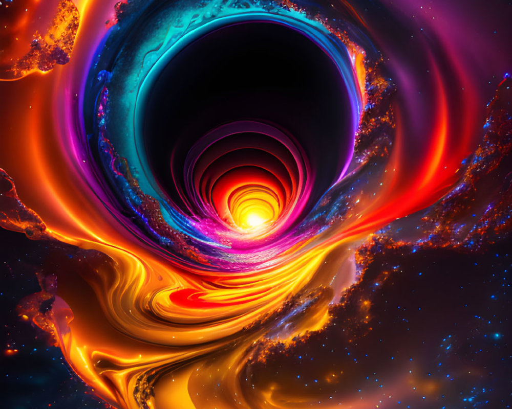 Colorful swirling vortex digital artwork with fiery orange and cool blue tones.