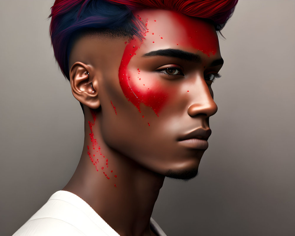Person with Red Paint Splash and Blue Hair in Digital Art