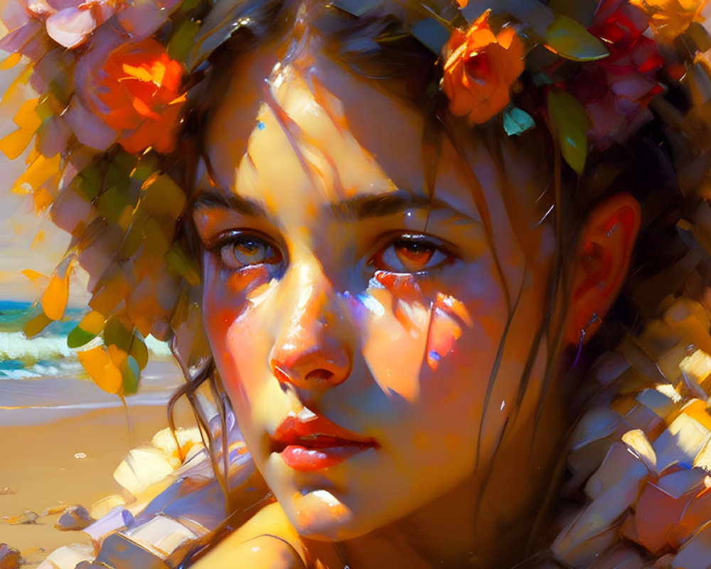 Young woman with floral headdress and beach backdrop.