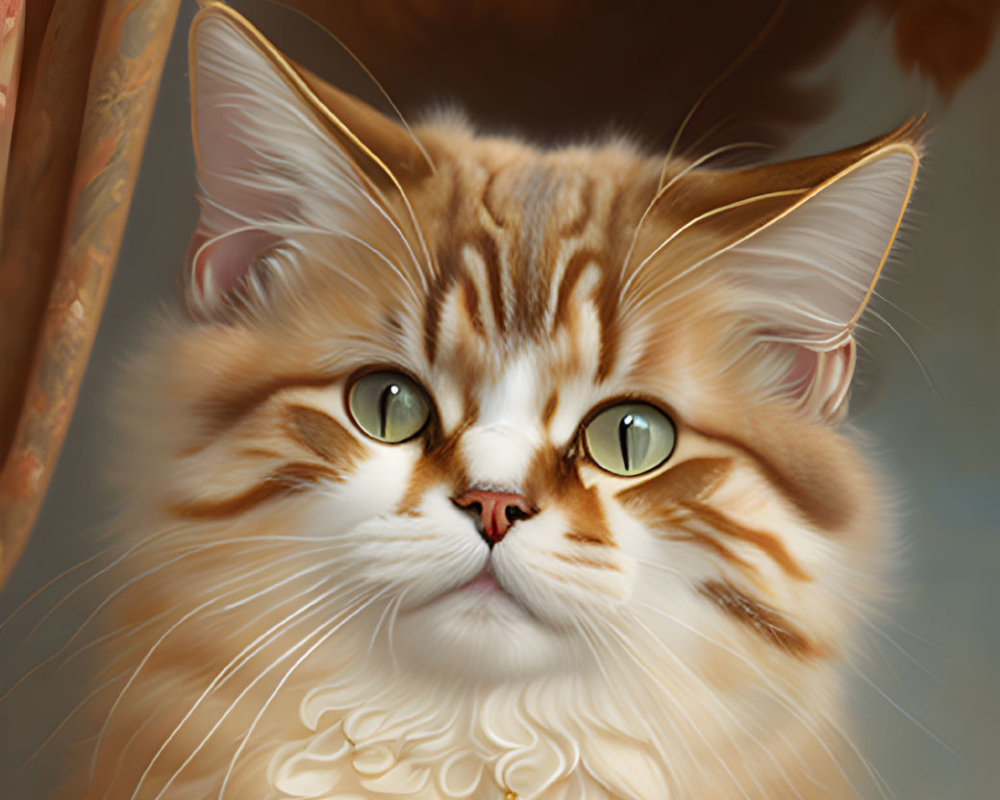 Long-haired cat with green eyes and gold pendant in regal pose
