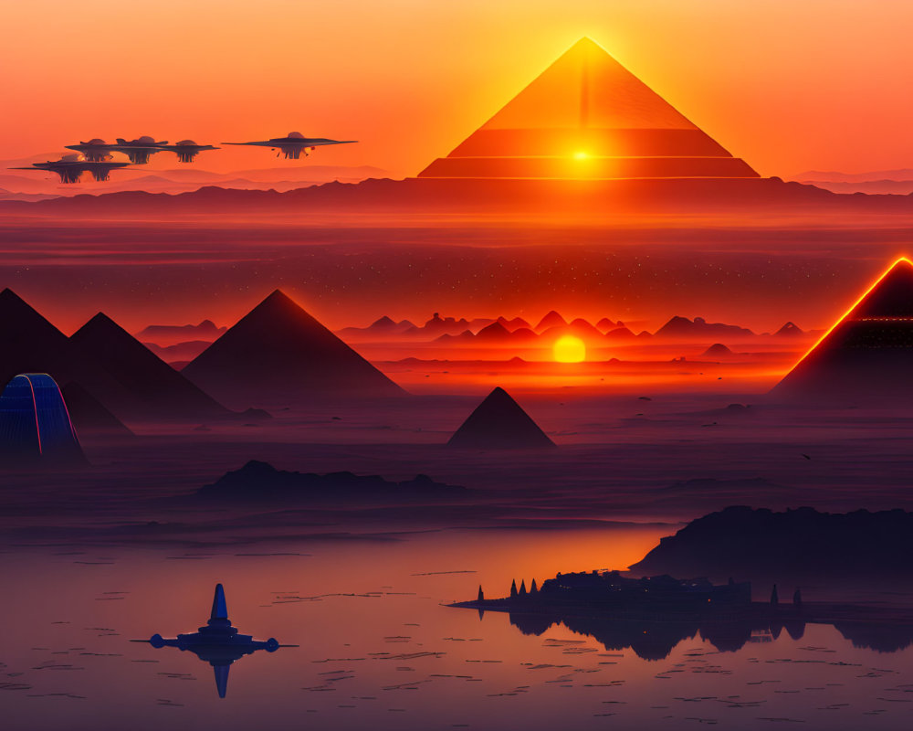 Futuristic desert landscape with pyramids and flying vehicles