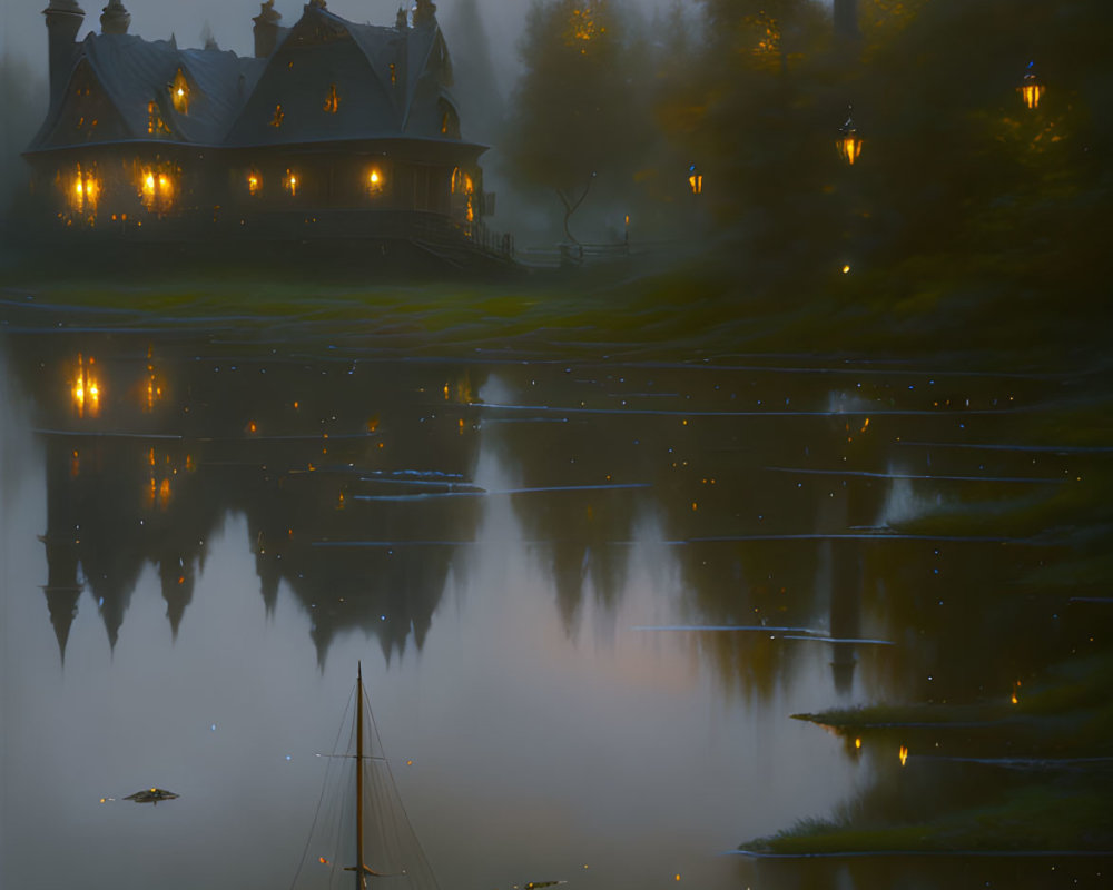 Castle and Sailboat Reflecting on Calm Lake at Night