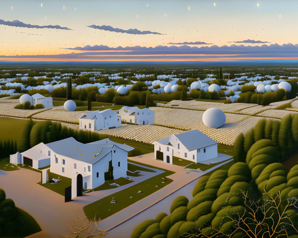 Modern white houses, geometric fields, spherical trees in rural twilight landscape