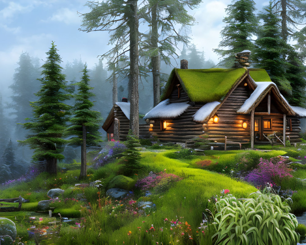 Tranquil forest glade with green-roofed log cabins