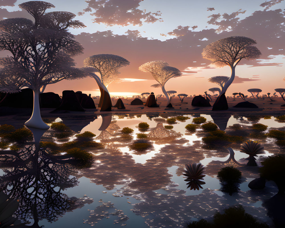 Twilight landscape with trees, water reflection, and purple sky