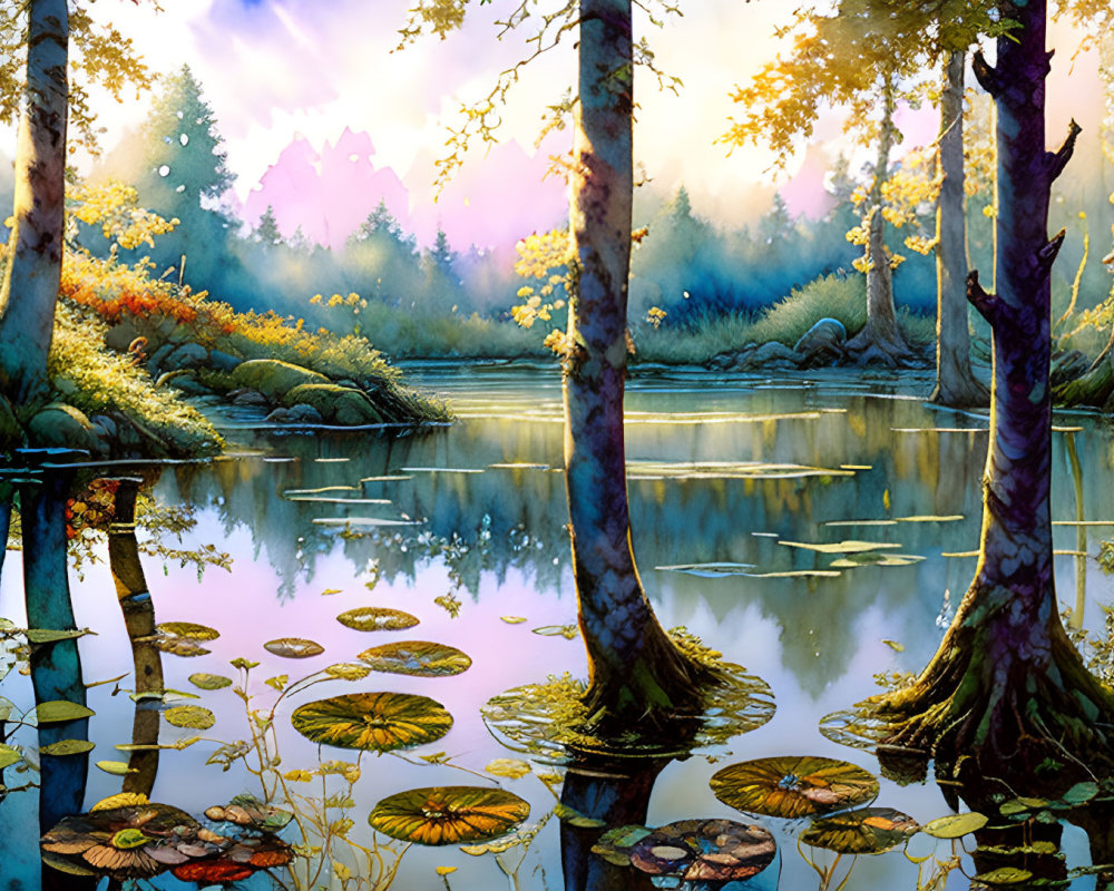 Tranquil forest scene with birch trees, calm river, water lilies, and soft lighting