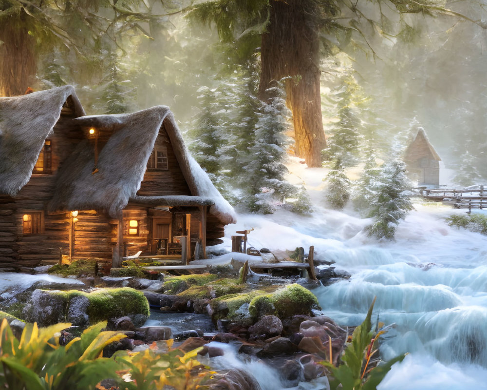 Rustic log cabin by cascading stream in snow-dusted forest