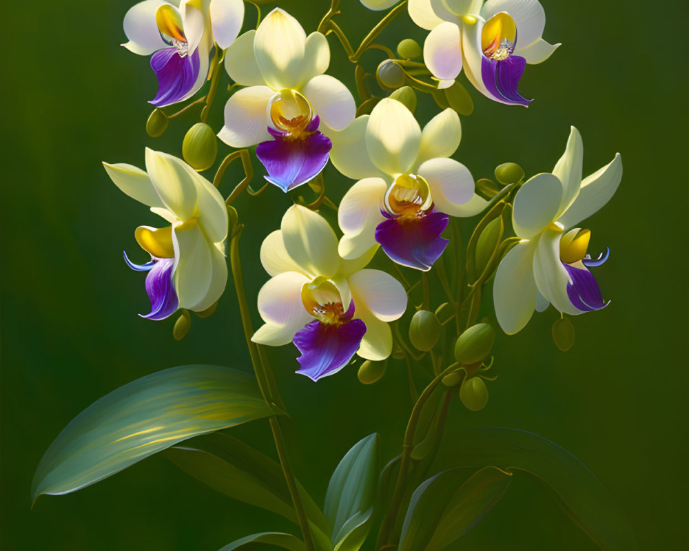 White and Yellow Orchids with Purple Centers on Dark Green Background