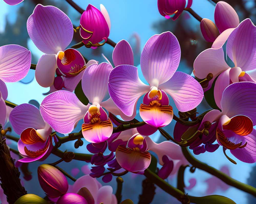 Colorful Orchids Blooming Against Sky and Foliage