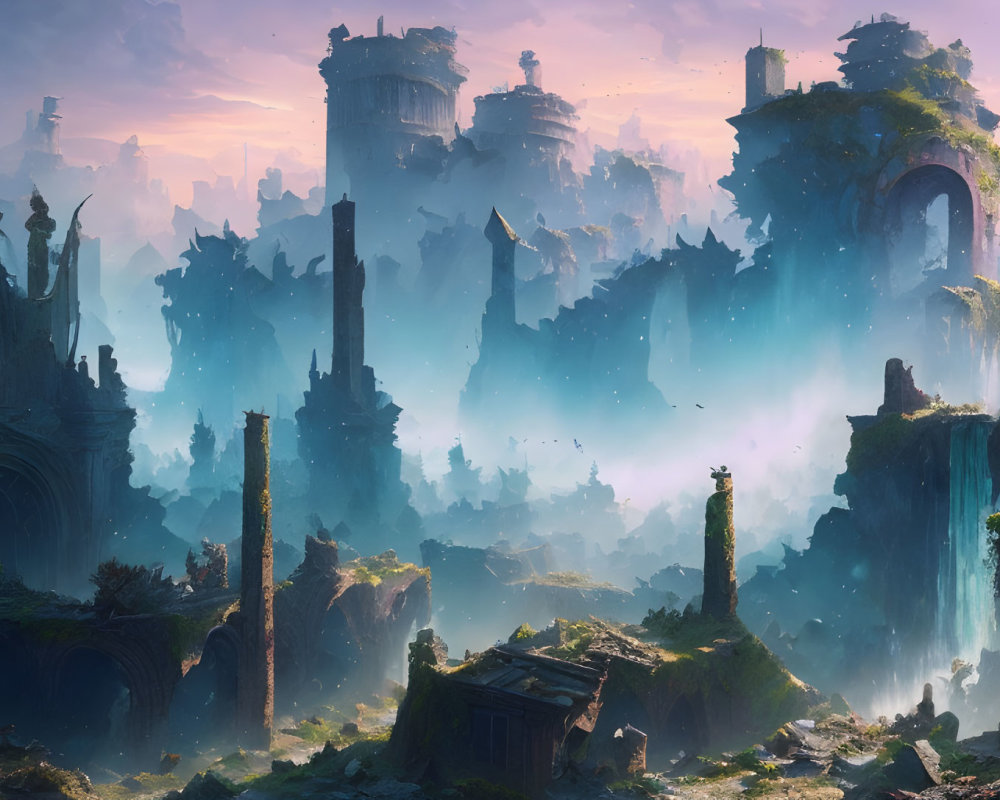 Ancient ruins landscape with pillars, archways, waterfalls, and floating islands