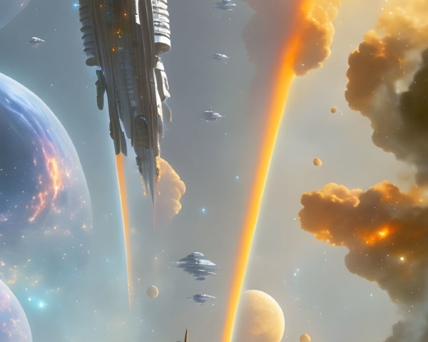 Sci-fi scene with spaceships, vibrant beams, and celestial bodies