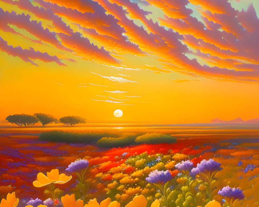 Colorful sunset with orange and purple sky, fluffy clouds, sun near horizon, wildflowers.
