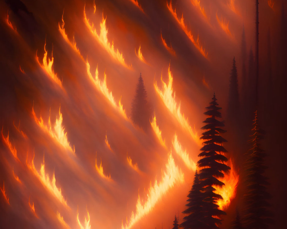 Intense wildfire consumes dense forest at dusk or dawn
