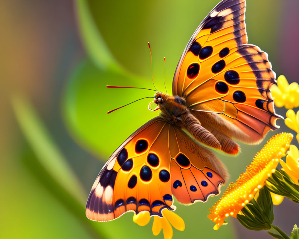 Colorful Butterfly with Orange Wings on Yellow Flowers and Blurred Background
