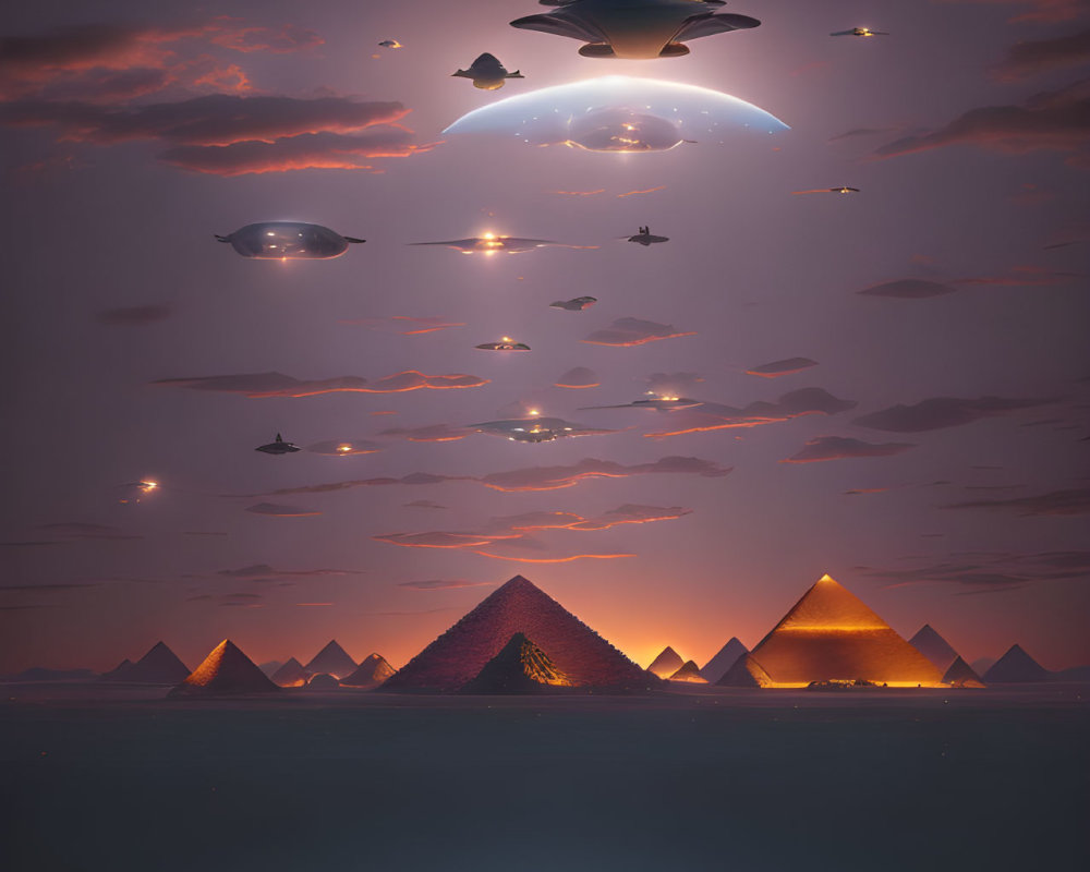 Digital Artwork: UFO fleet over Egyptian pyramids at dusk