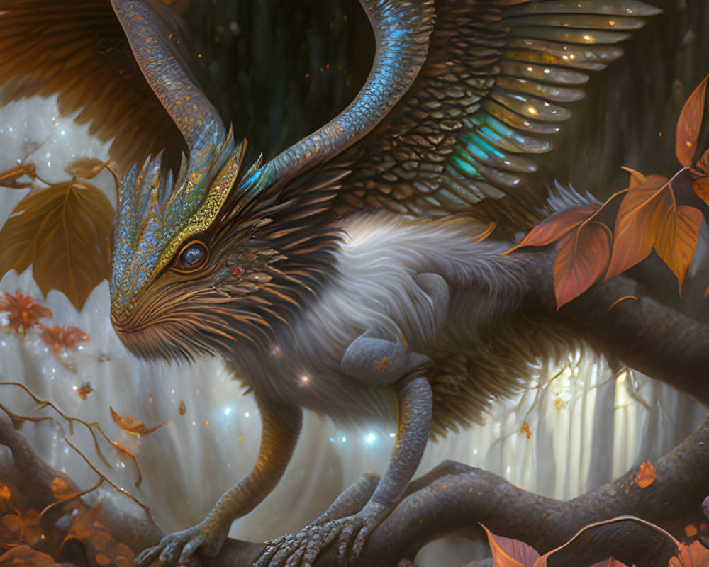 Mythical creature with bird and mammal features in mystical forest