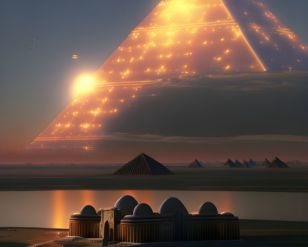 Futuristic floating illuminated pyramid above serene landscape with domed structures and two moons