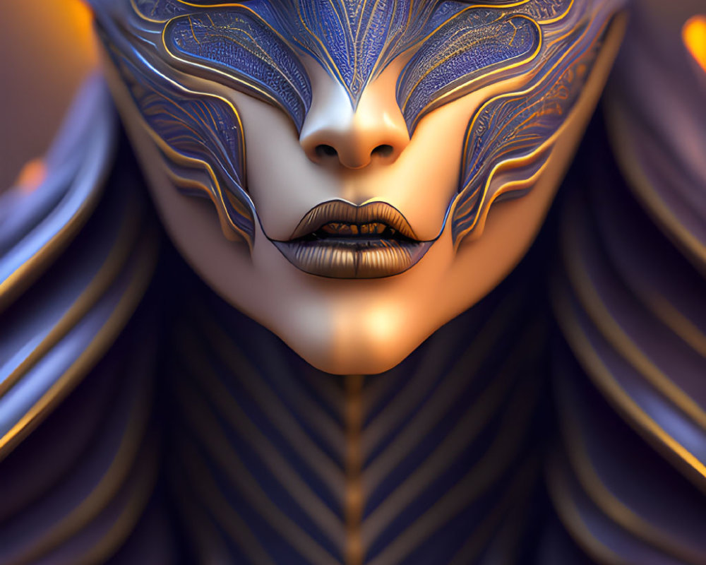 Detailed metallic gold and blue mask with intricate patterns.