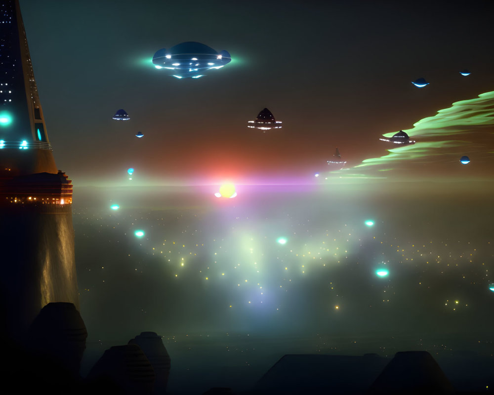 Futuristic cityscape with flying saucers and colorful light trails