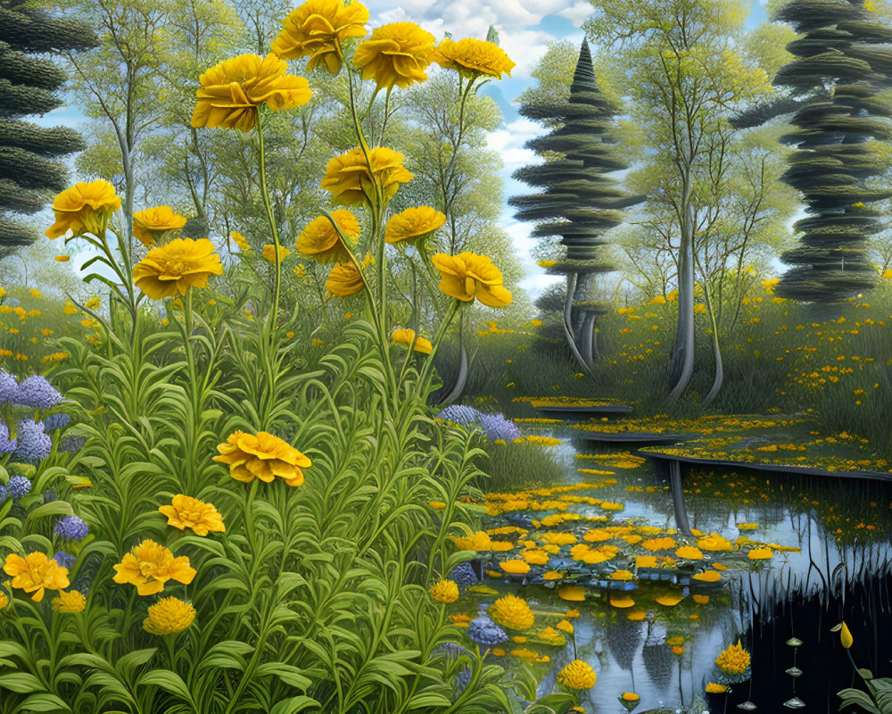 Whimsical forest digital artwork with oversized yellow flowers