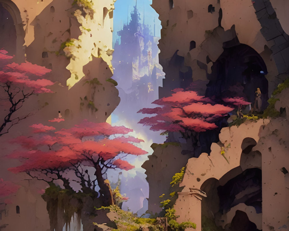 Fantastical vertical cityscape with pink foliage, arches, and misty spires under a