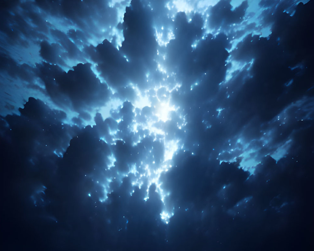 Nighttime aircraft view of illuminated clouds, stars, and cityscape