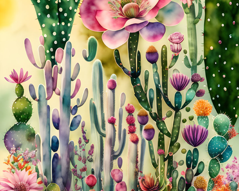Colorful Cacti and Succulents with Pink Flower on Muted Background