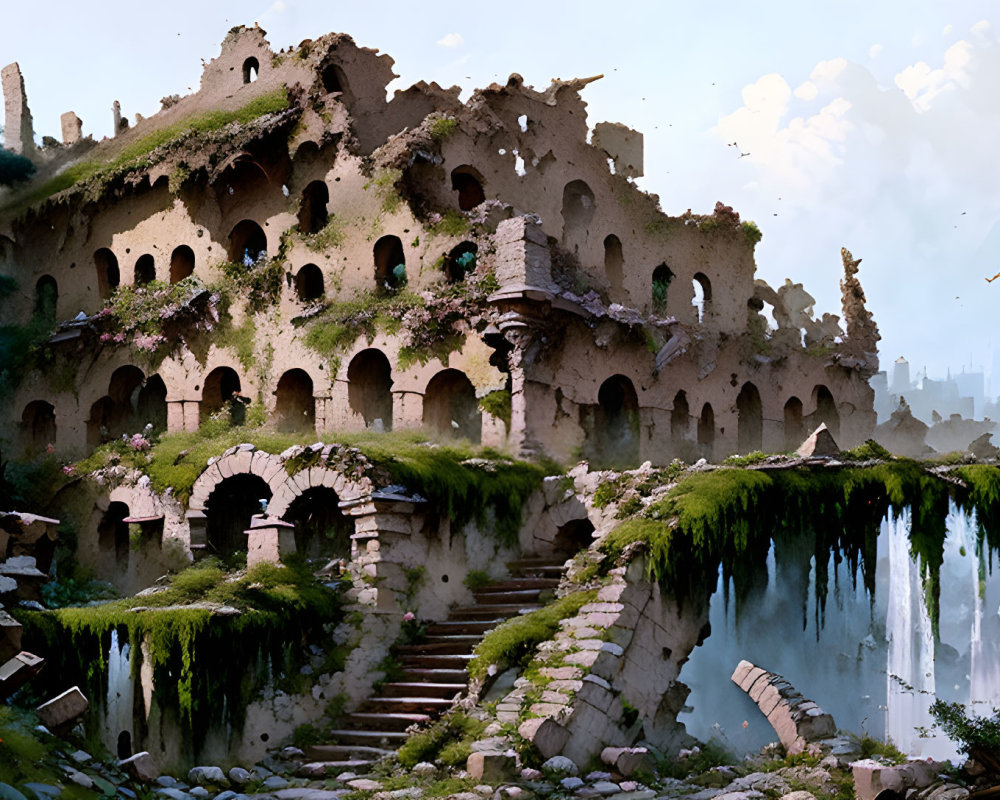 Overgrown ancient castle on cliff with waterfalls in misty mountains