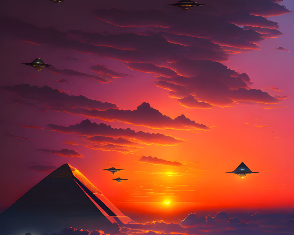 Colorful sunset with purple-orange gradient, clouds, pyramid, and flying saucers.
