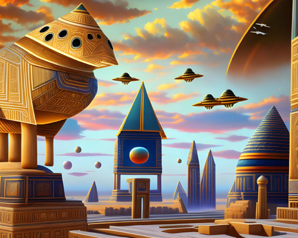 Sci-fi twist on ancient Egyptian structures with pyramids, obelisks, and flying crafts at sunset