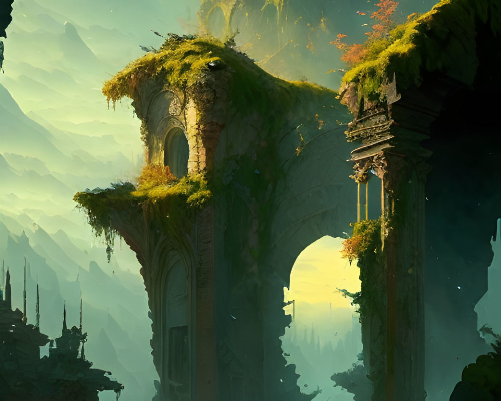 Lush ruins in cliffside setting with arches and structures in soft sunlight