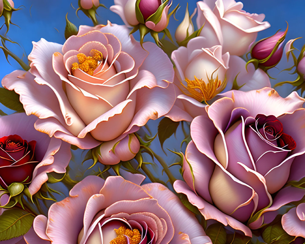 Pink roses in full bloom with yellow stamens on blue sky background