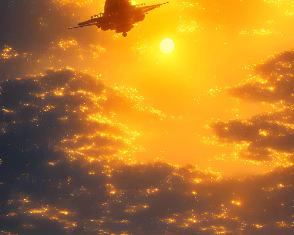 Airplane flying towards sunset over clouds, water, and mountains