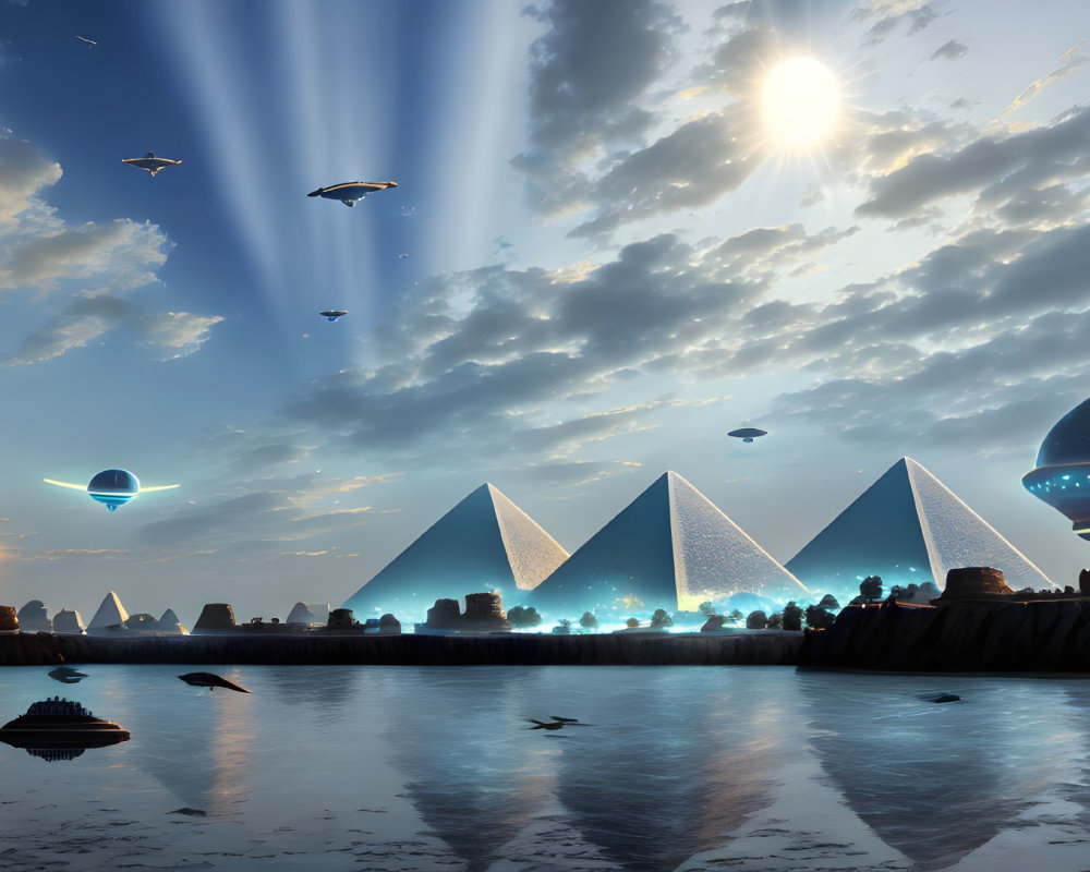Futuristic cityscape with pyramids, dual suns, flying vehicles, and spherical building.