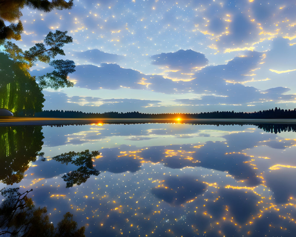 Serene dusk scene: mirrored sky reflection on lake.