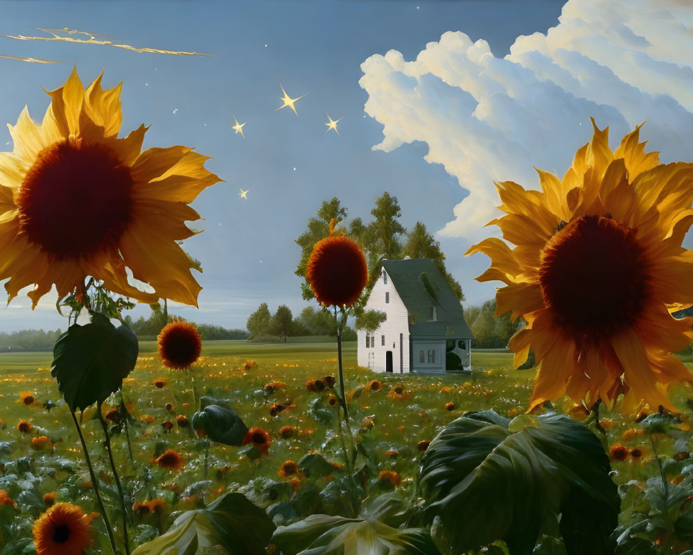 Serene landscape with sunflowers, houses, stormy to clear sky