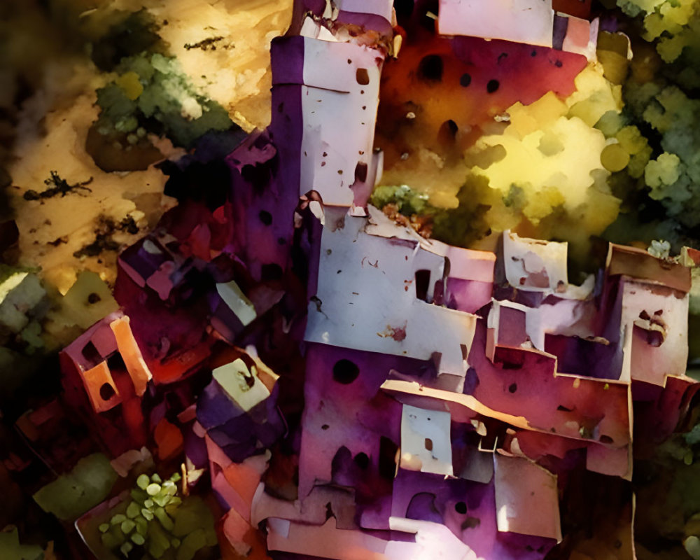 Vibrant watercolor village scene with pink and purple houses