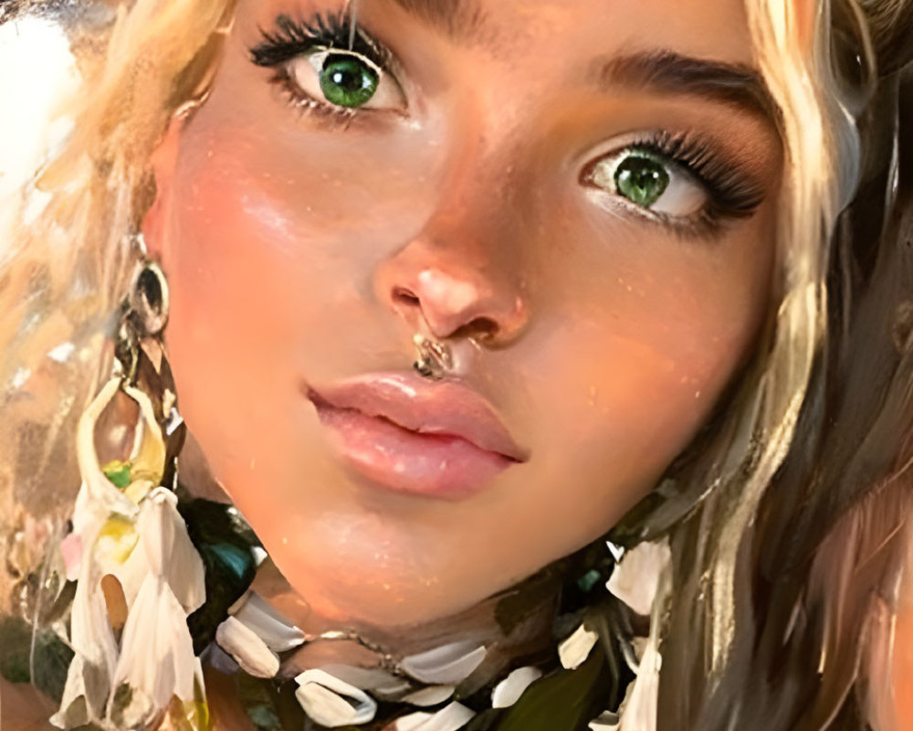 Portrait of a woman with green eyes and feather adornments