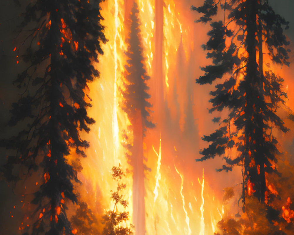 Forest Fire Illustration: Towering Flames and Smoke Haze Against Fiery Backdrop