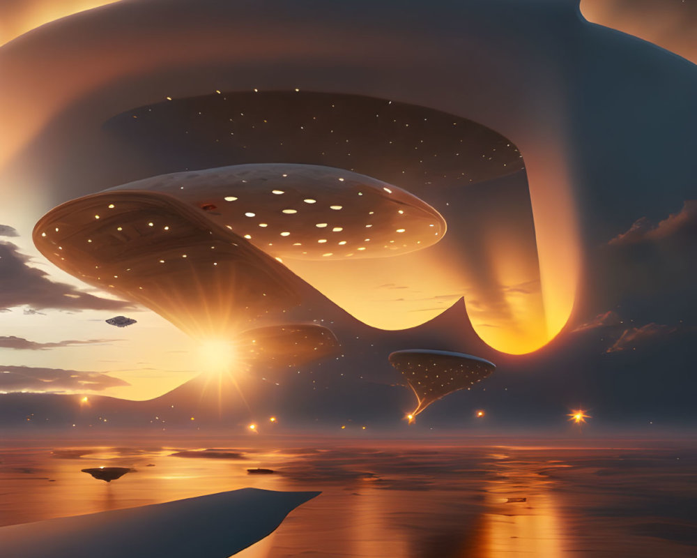 Futuristic seaside landscape with floating structures at sunset