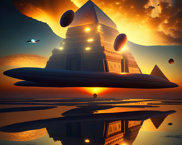 Futuristic illuminated pyramid under orange sky with descending comets