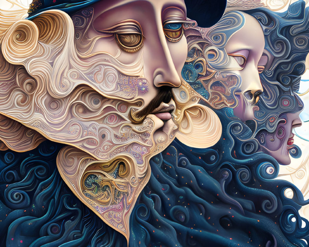 Surreal illustration: entwined faces with intricate hair patterns and hat, geometric background with birds